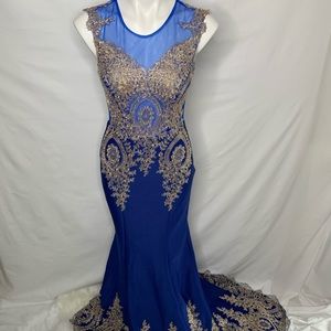 *Brand New* Royal Blue Gown with Gold Appliqués